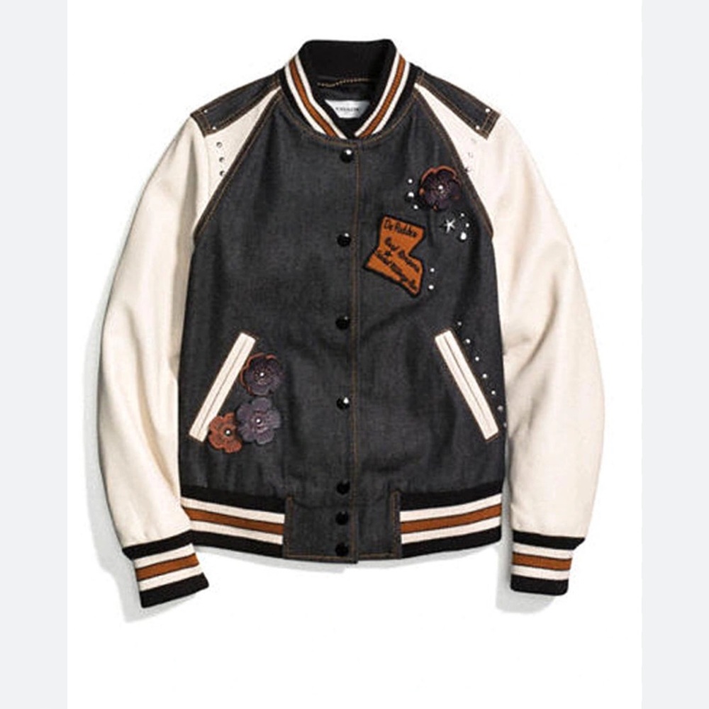 Coach 1941 Embellished Denim
Leather Varsity Jacket , Size 0